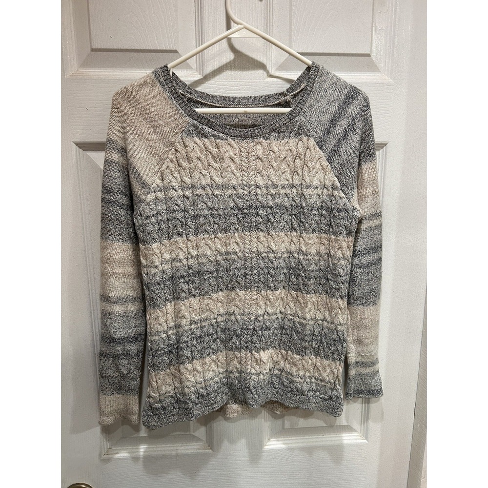 Women's Cable Knit Sweater Gray Beige Striped Ombre Cotton Pullover‎